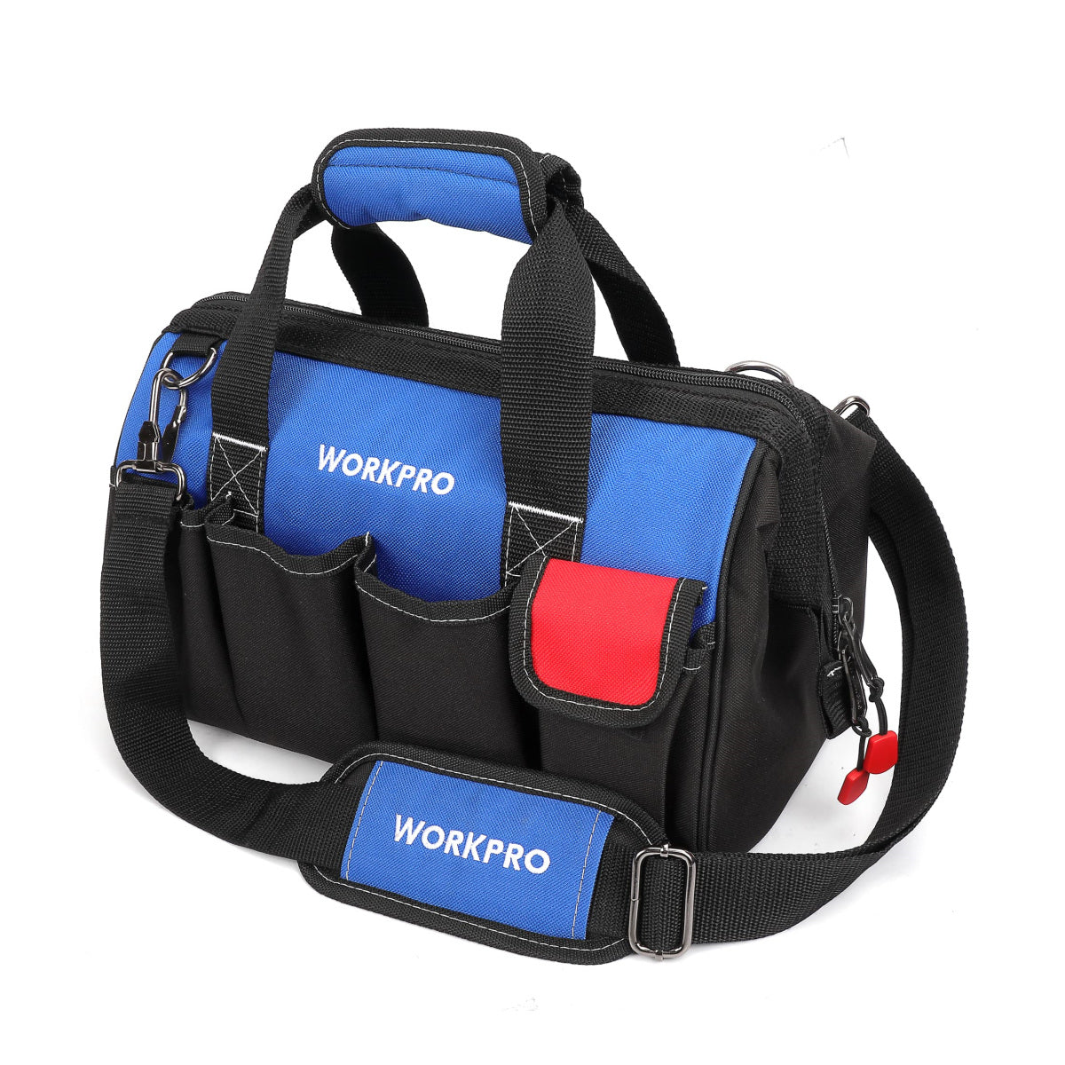 Black and blue tool bag with front organizer pockets, red flap, and shoulder strap