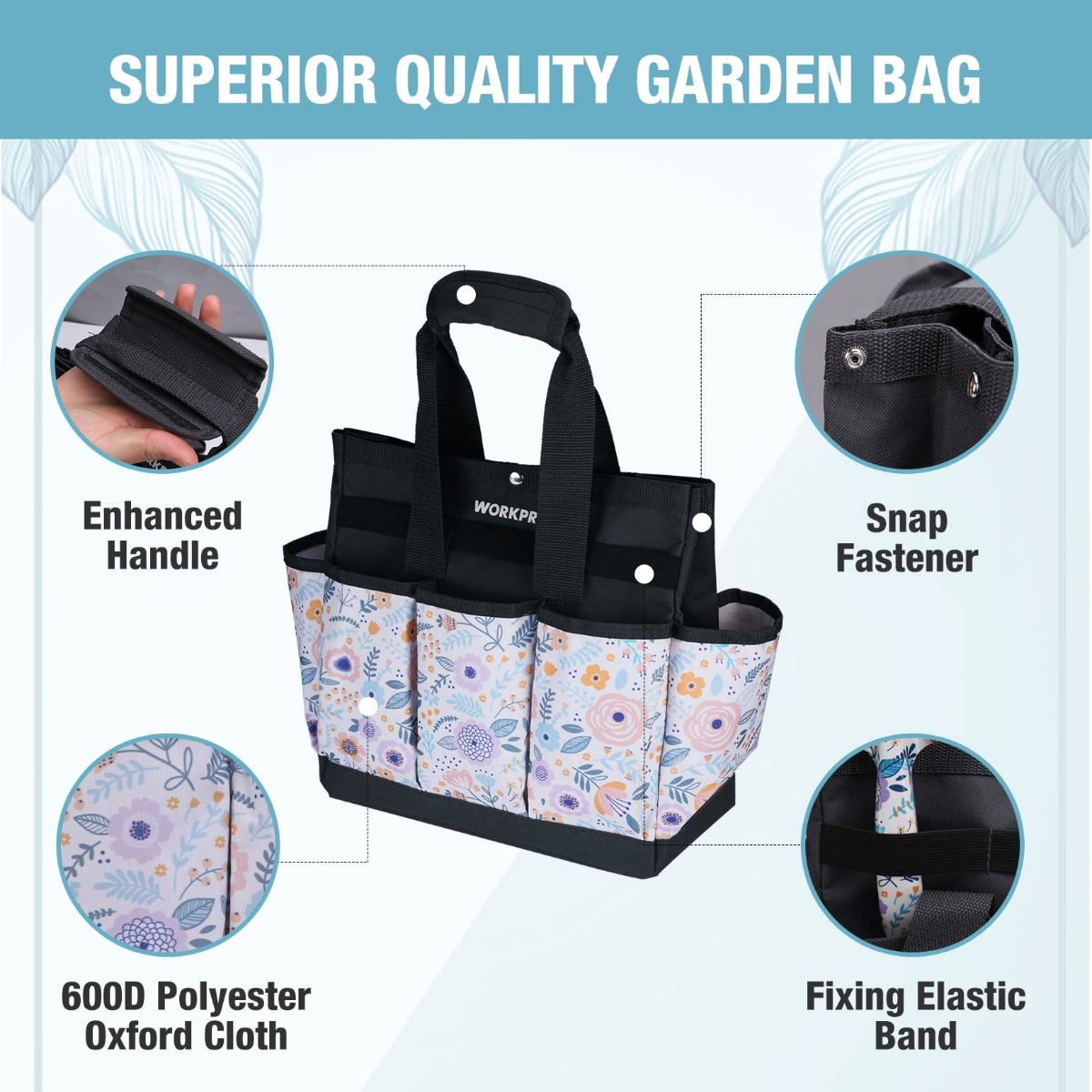 Floral garden tool tote bag with black reinforced handle and snap fastener front pocket