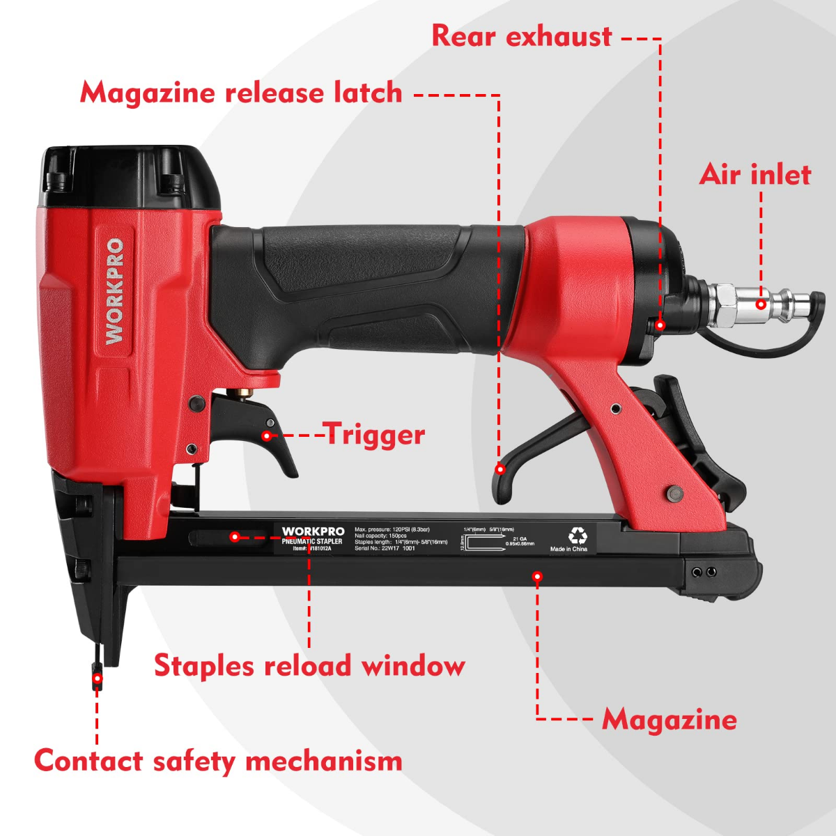Red and black pneumatic staple gun showing trigger, magazine, and air inlet fittings
