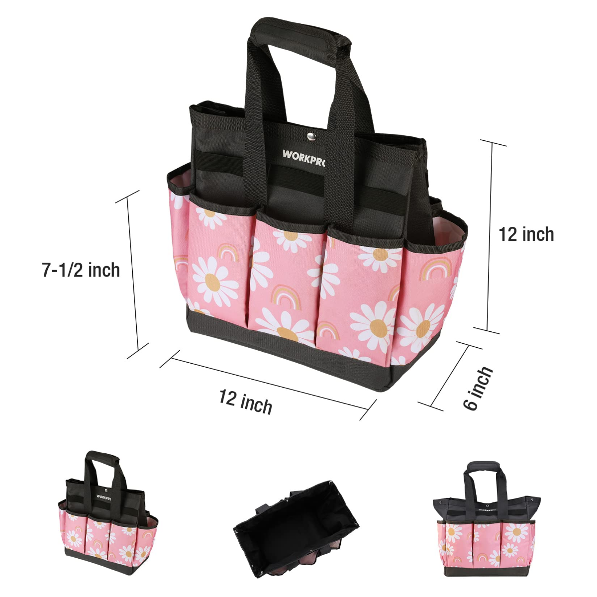 Floral pink garden tool tote bag with black top handles and compartment pockets