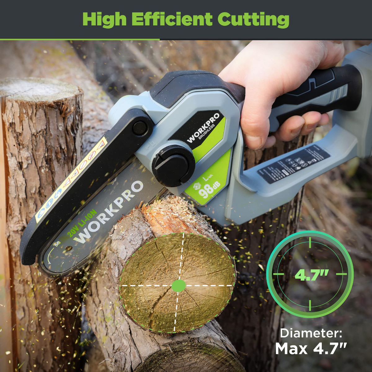 Hands using cordless chainsaw to cut a log, max 4.7 in diameter indicator