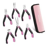 WORKPRO 6-piece mini pliers set with pink zip pouch, black and pink handles