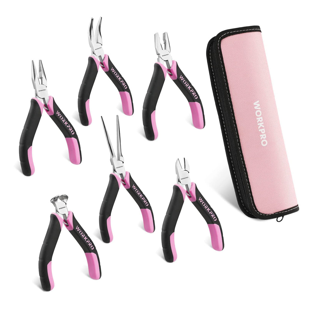 WORKPRO 6-piece mini pliers set with pink zip pouch, black and pink handles