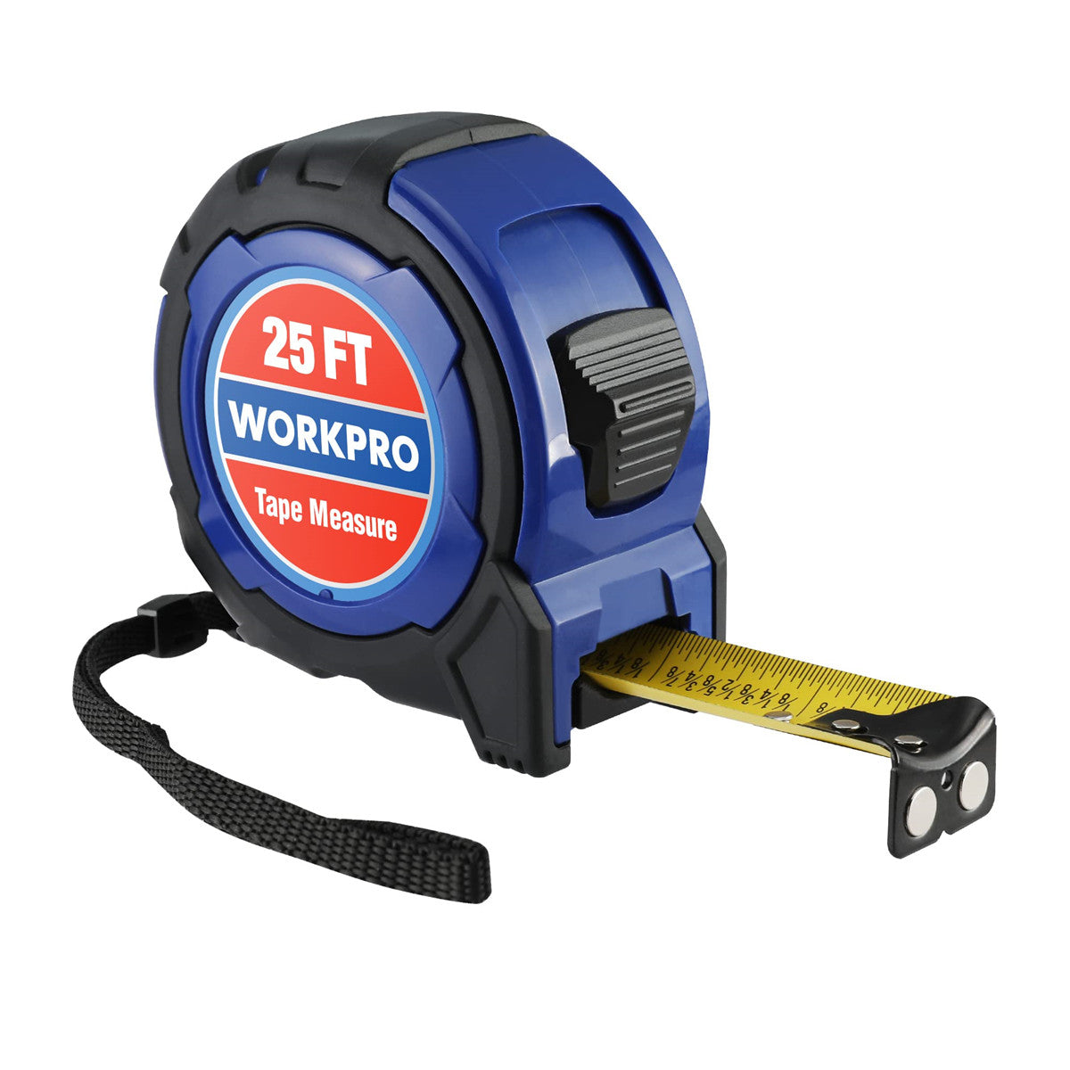 Retractable tape measure with 25 ft housing, yellow blade, and metal hook