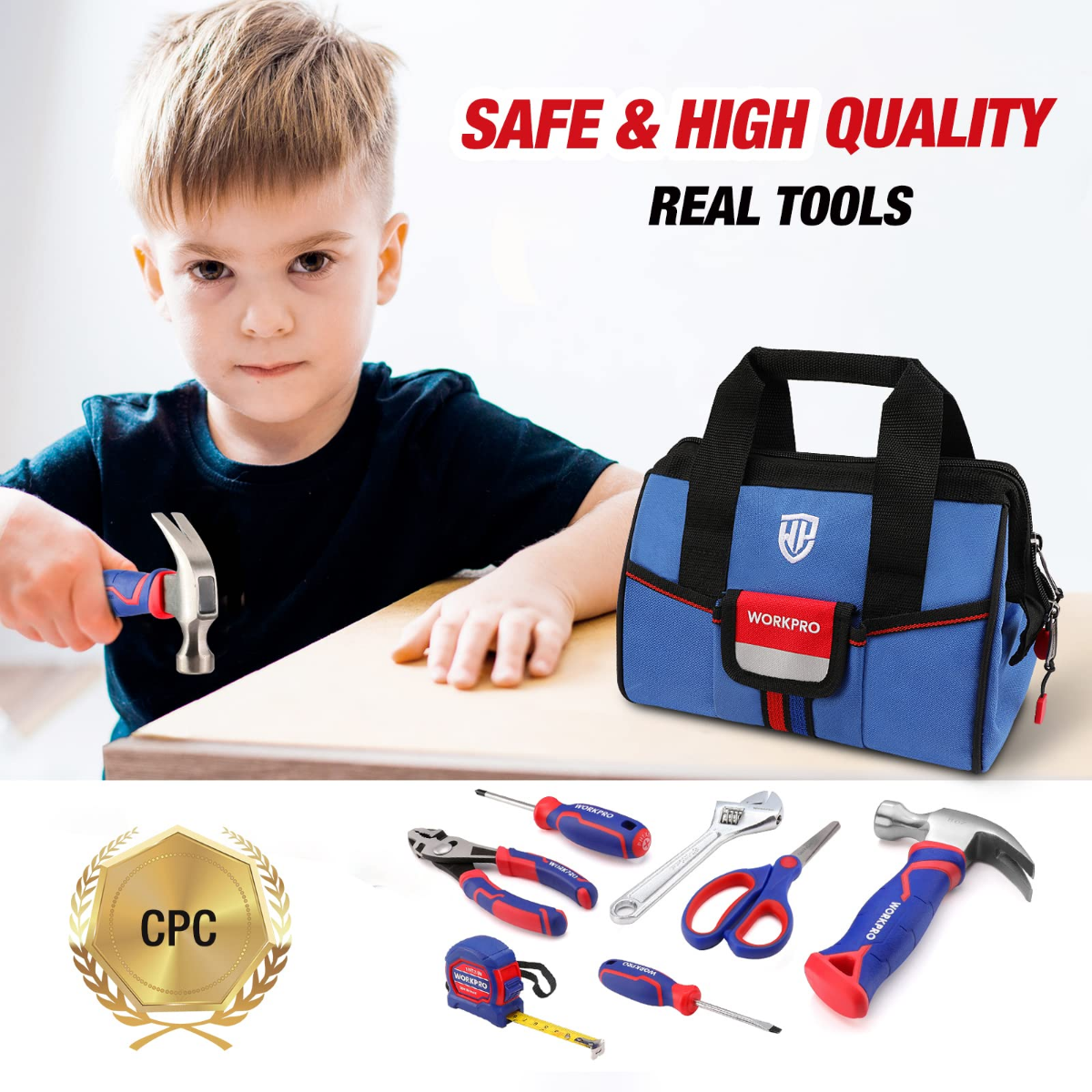 Blue kids tool bag with included real tools and safety goggles for children