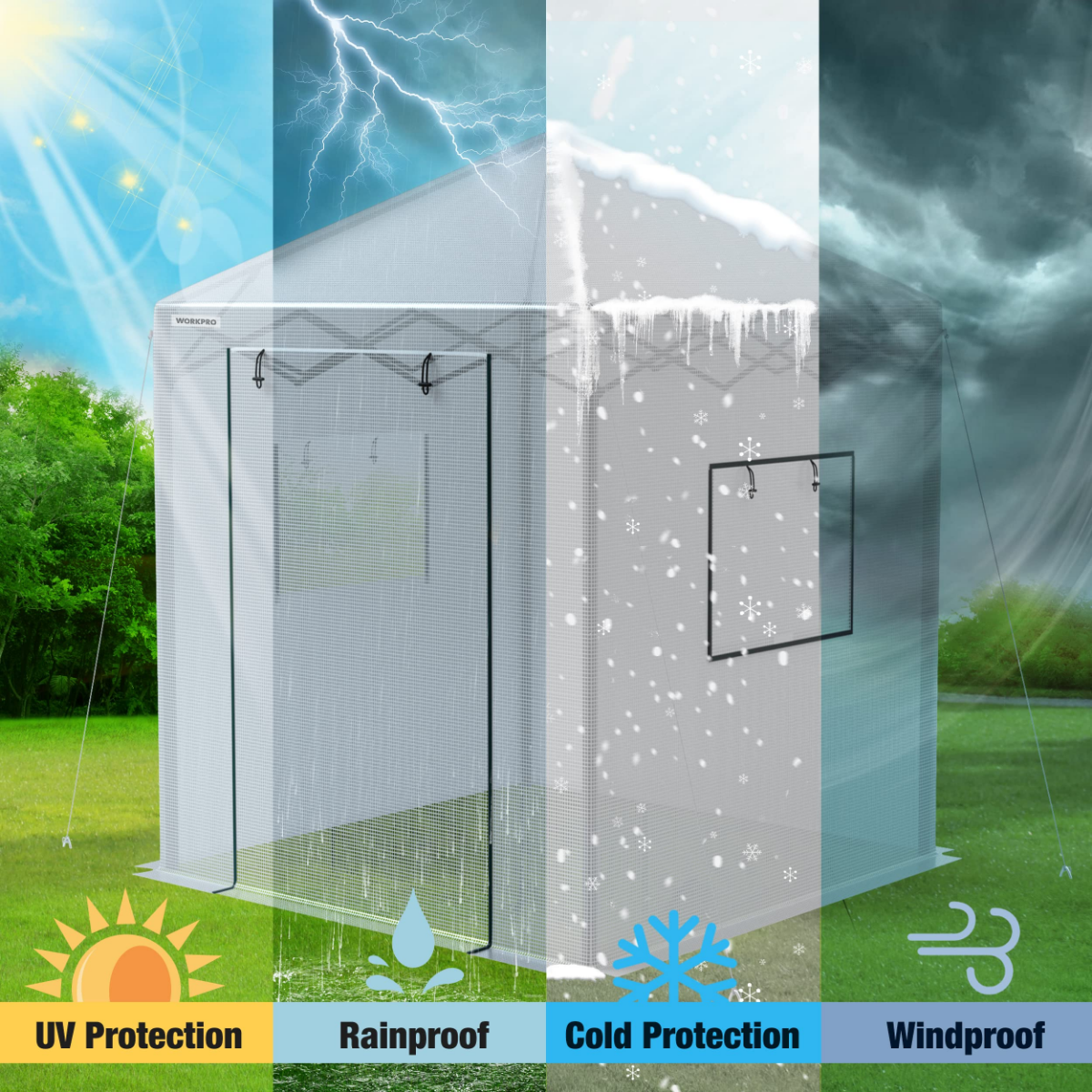 White walk-in greenhouse with mesh walls and door, protected for rain, UV, cold, and wind
