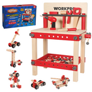 Kids wooden workbench set with red frame, tools, and small building parts