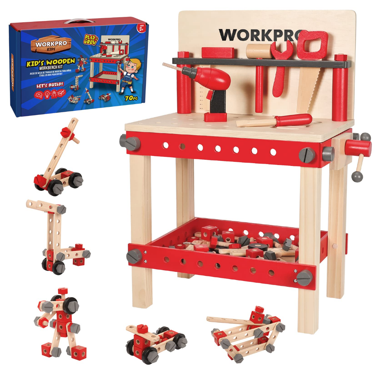 Kids wooden workbench set with red frame, tools, and small building parts