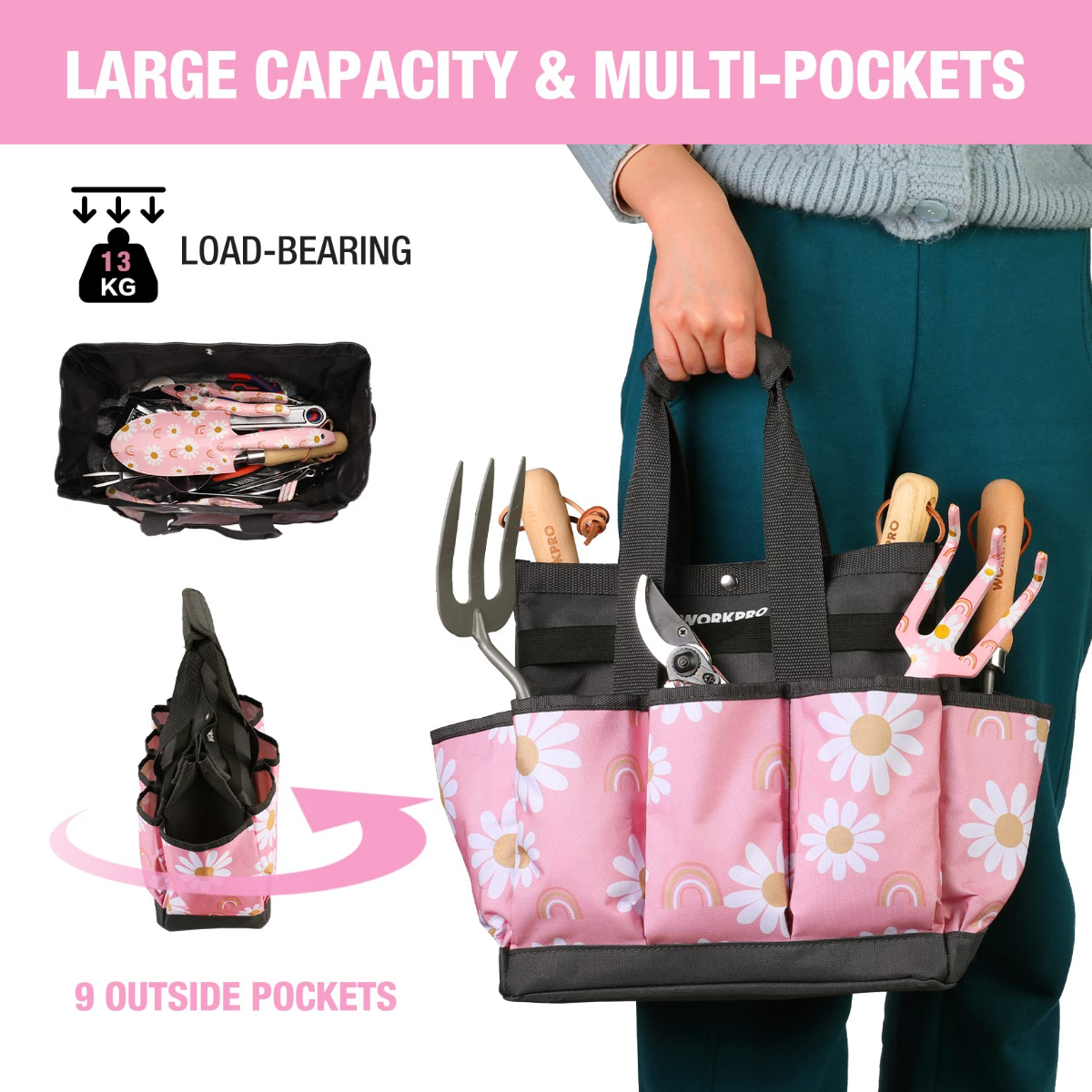 WORKPRO pink floral garden tool bag with 9 exterior pockets and wide open top
