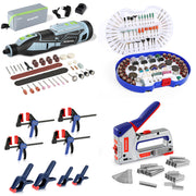 WORKPRO 12V cordless rotary tool kit with accessories, clamp set, and staple gun pieces