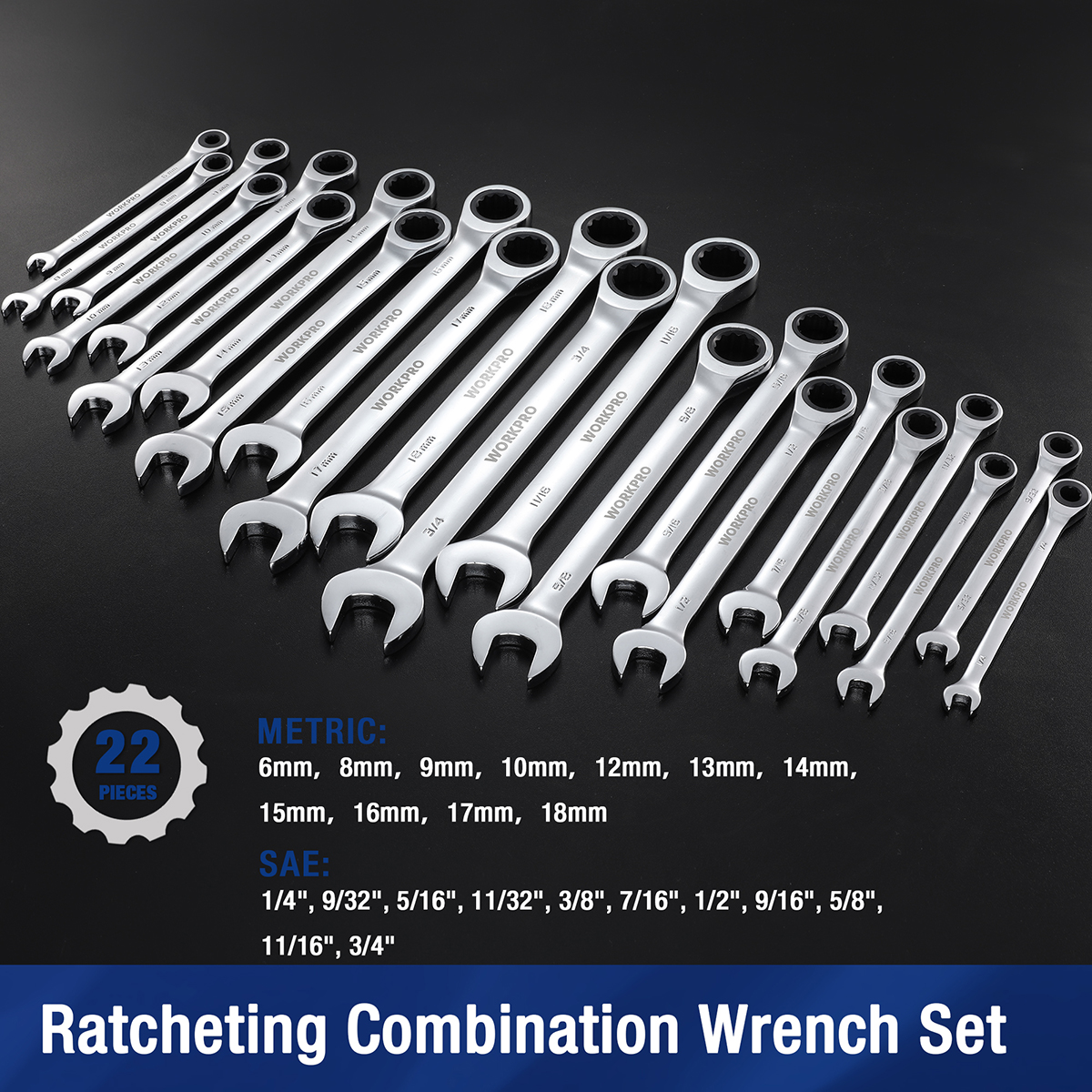 Chrome ratcheting combination wrenches laid out, 22-piece set