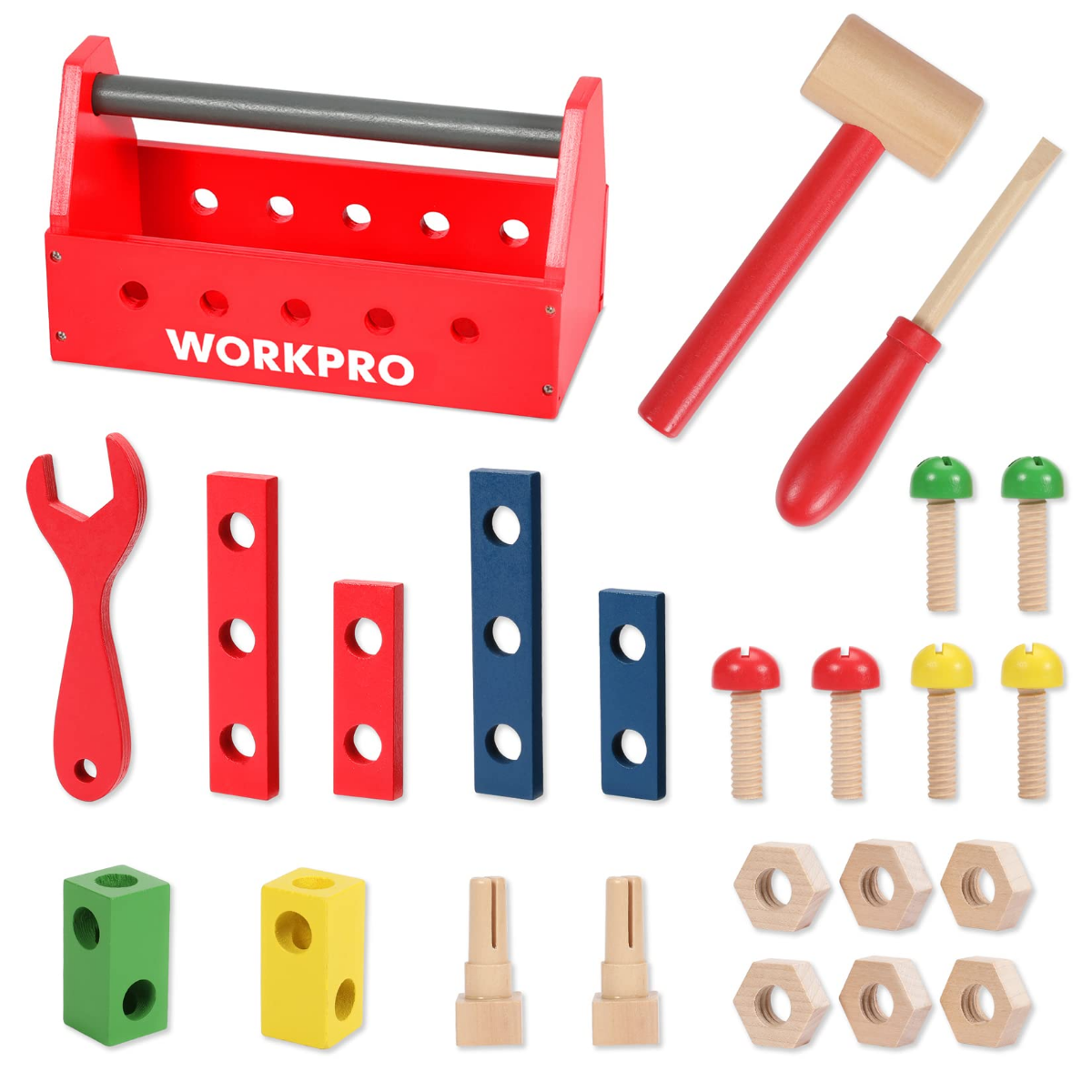Red WORKPRO wooden tool kit tray with mallet, wrenches, and colorful connectors