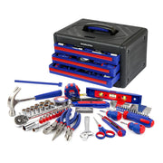 Home repair tool set with blue/red tools and black 3-drawer storage case