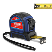 Auto-lock tape measure with blue and black case, retractable tape and metal hook