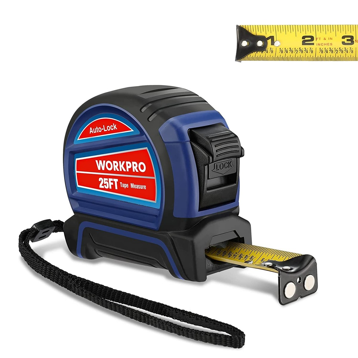 Auto-lock tape measure with blue and black case, retractable tape and metal hook