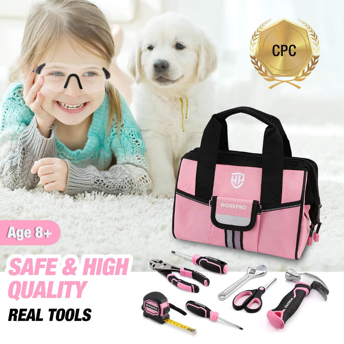 Pink kids tool bag with handle and included hand tools, plus safety goggles