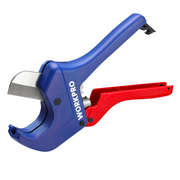 Blue ratchet pipe cutter with stainless blade and red handle for PVC and PEX pipes