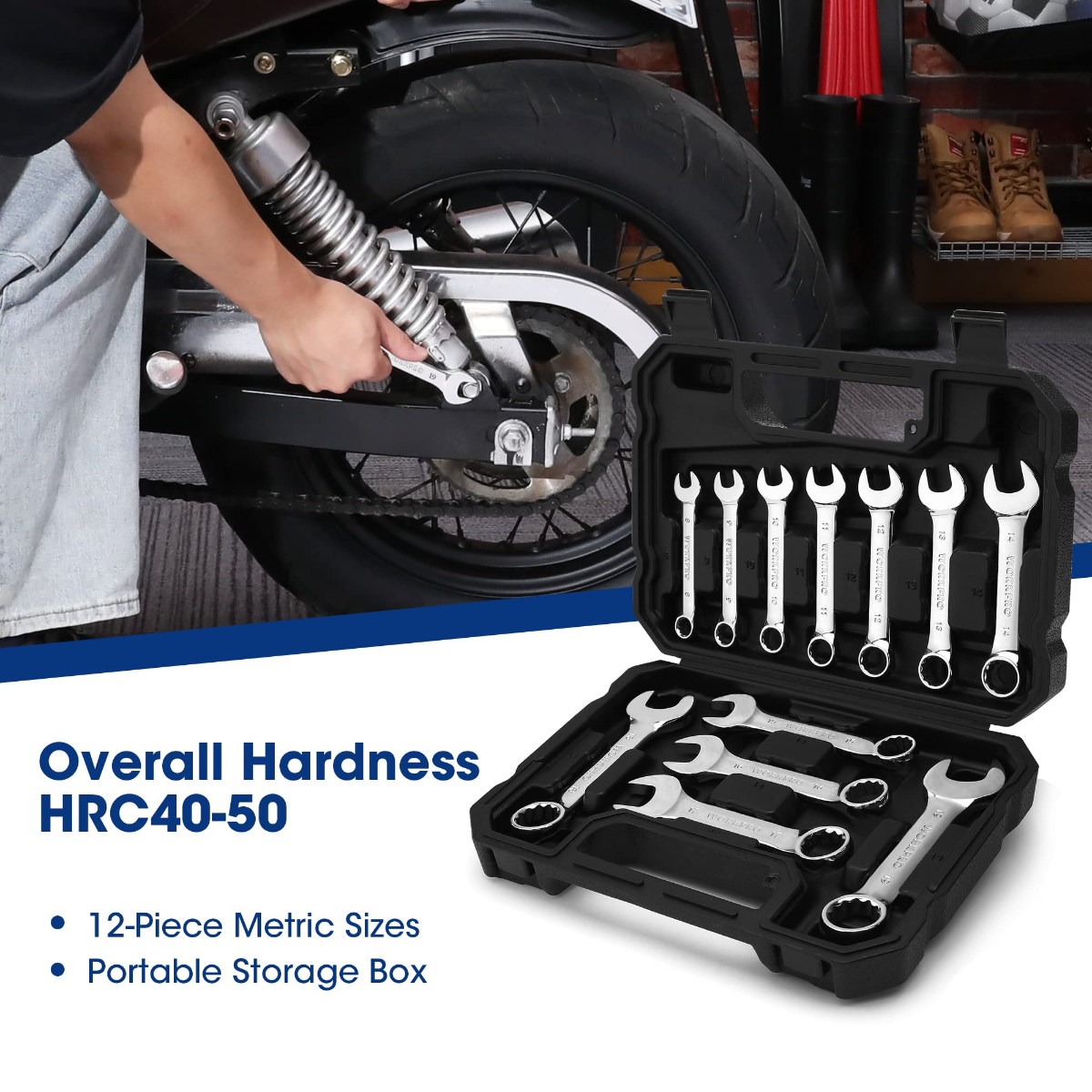 Stubby combination wrench set with hard case and wrenches for roadside use