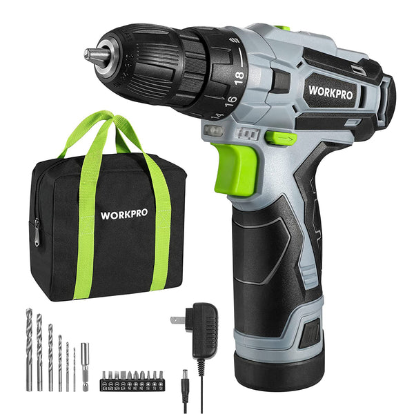WORKPRO 12V Electric Cordless Drill Driver Kit 3/8" Keyless Chuck, Charger and Storage Bag Included