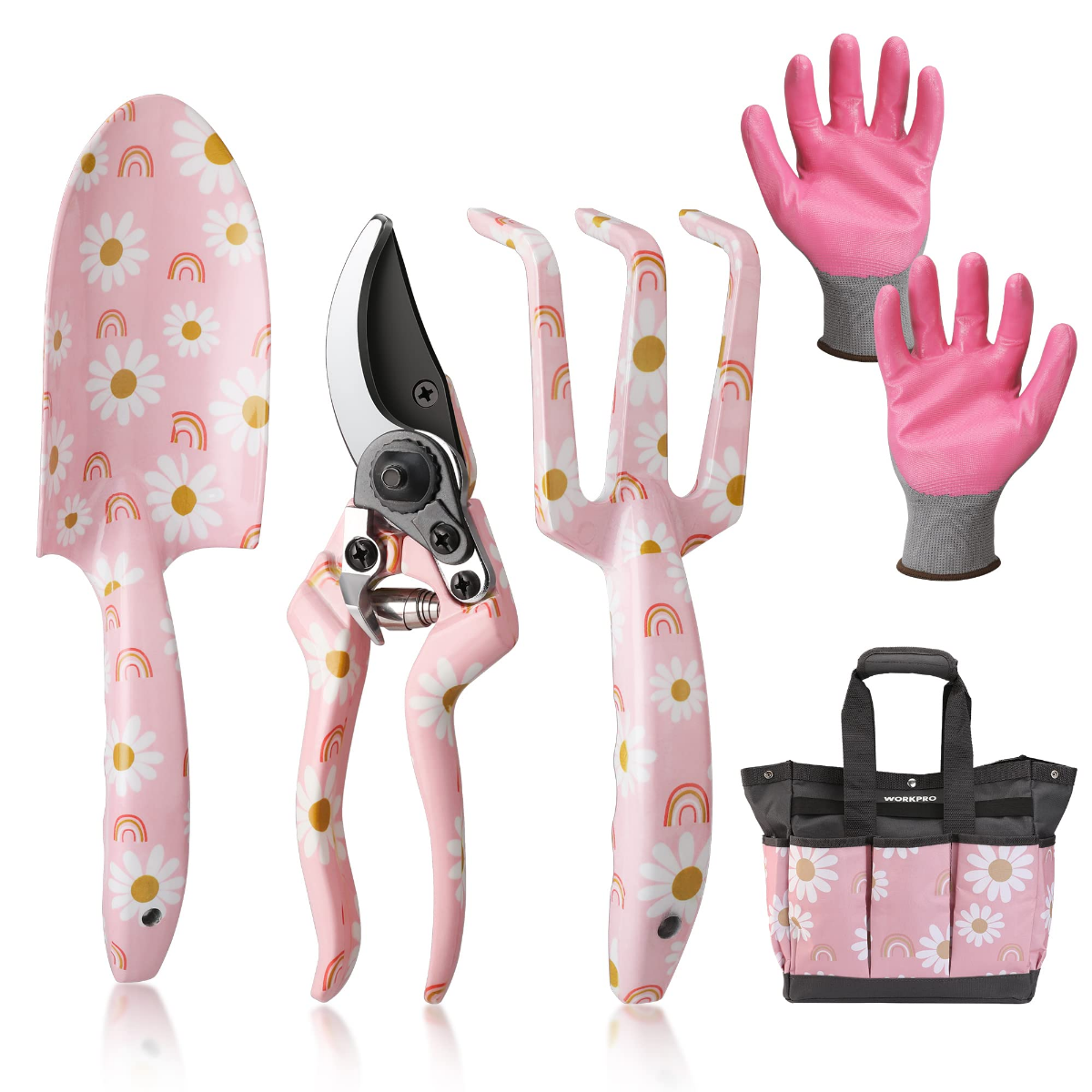 Pink floral garden tool set: pruning shears, trowel, cultivator, pink gloves, and tote bag