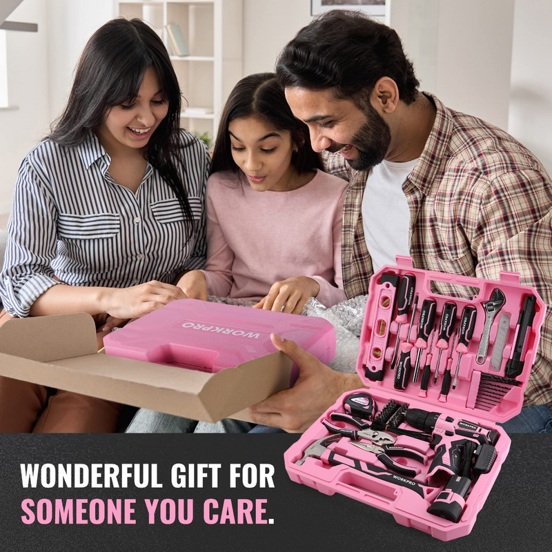 WORKPRO 108-Piece Portable Tool Set with Power Drill - Pink Ribbon