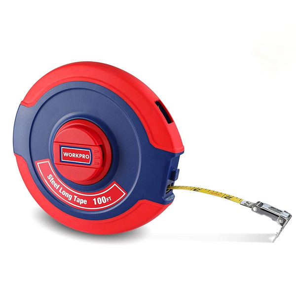 WORKPRO 100 FT Tape Measure, Closed Reel Steel Long Tape with Foldable Handle, Shock-Resistant Case
