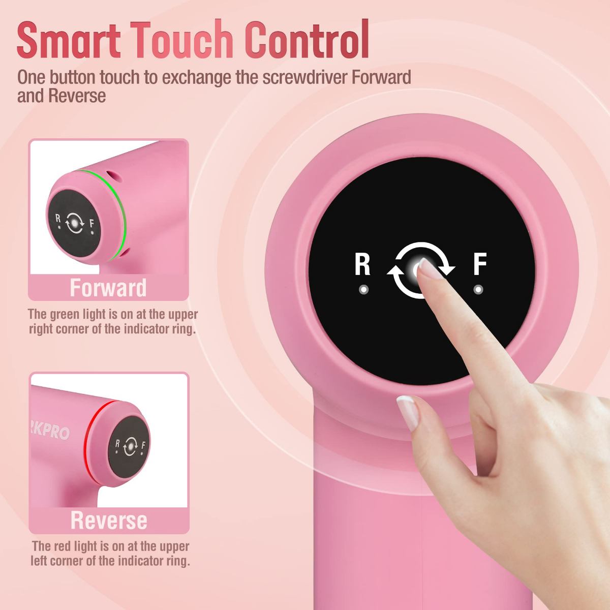 Cordless electric screwdriver, pink body with forward/reverse control ring and finger dial