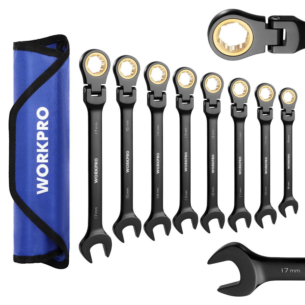 8-piece flex-head ratcheting combination wrench set with blue zip pouch and black wrenches