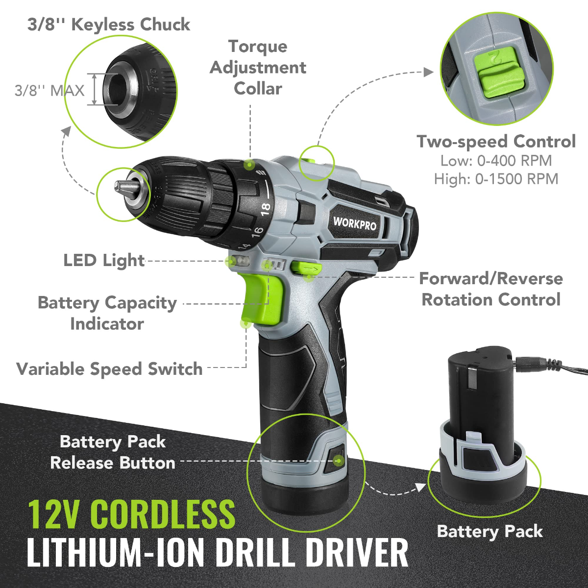 Cordless 12V lithium-ion drill driver with battery pack and forward/reverse controls