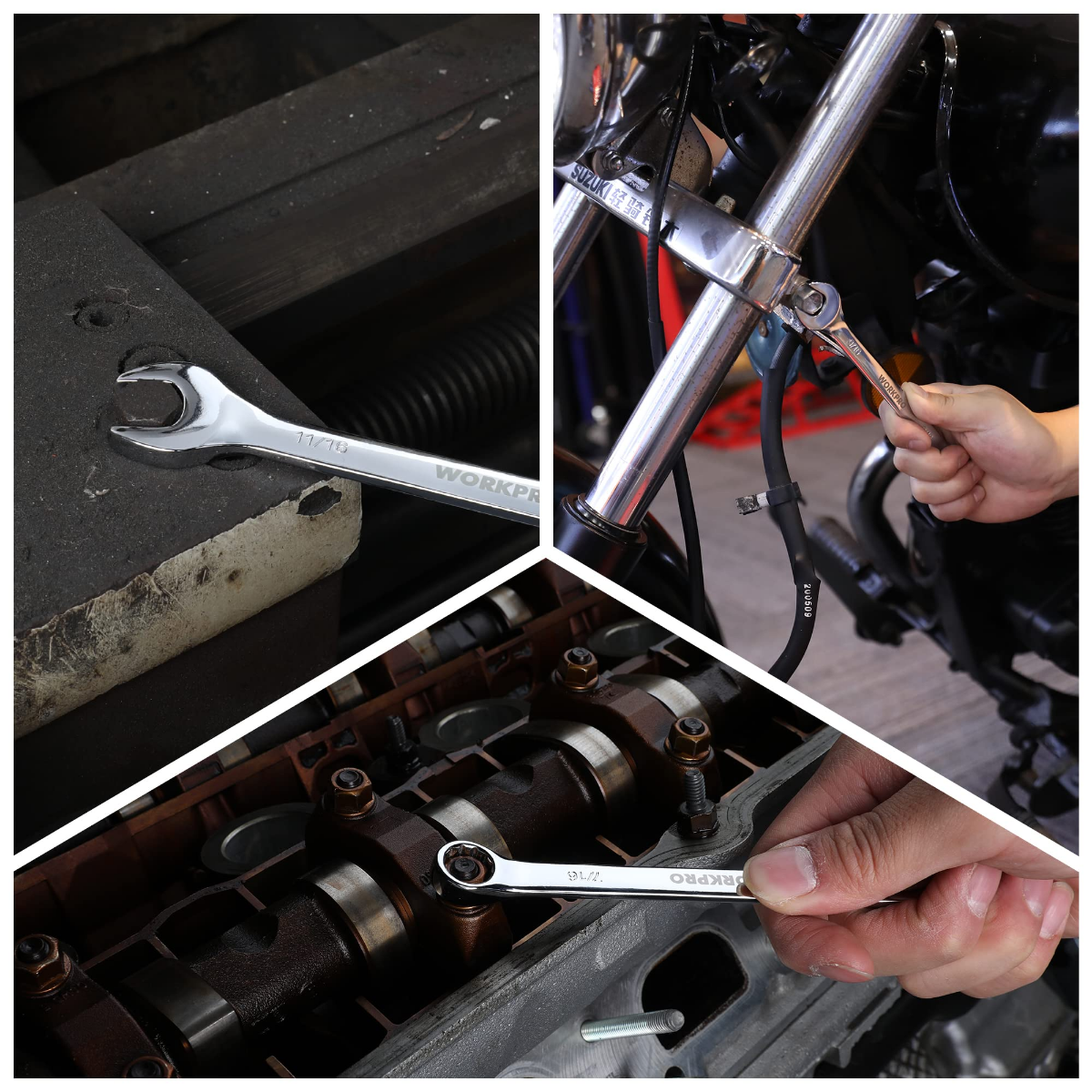 Combination wrench in use, tightening a bolt with a chrome wrench head