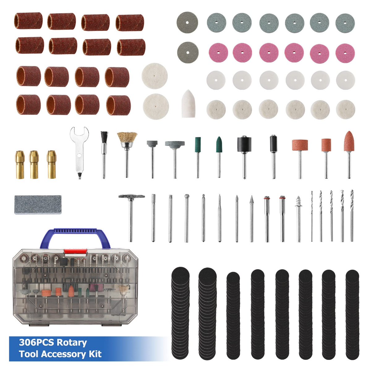 Large rotary tool accessory assortment with sanding sleeves, polishing pads and rotary bits