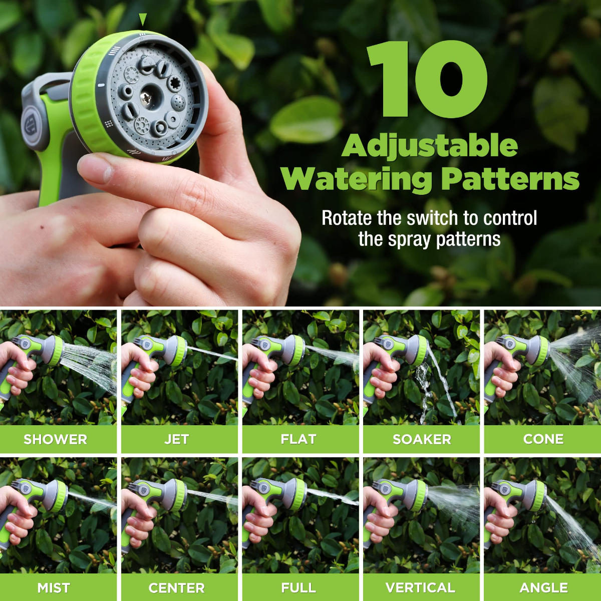 Green and gray adjustable hose nozzle sprayer with rotating switch and 10 spray patterns