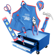 Blue kids tool set with pink-handled tools in a rolling steel chest