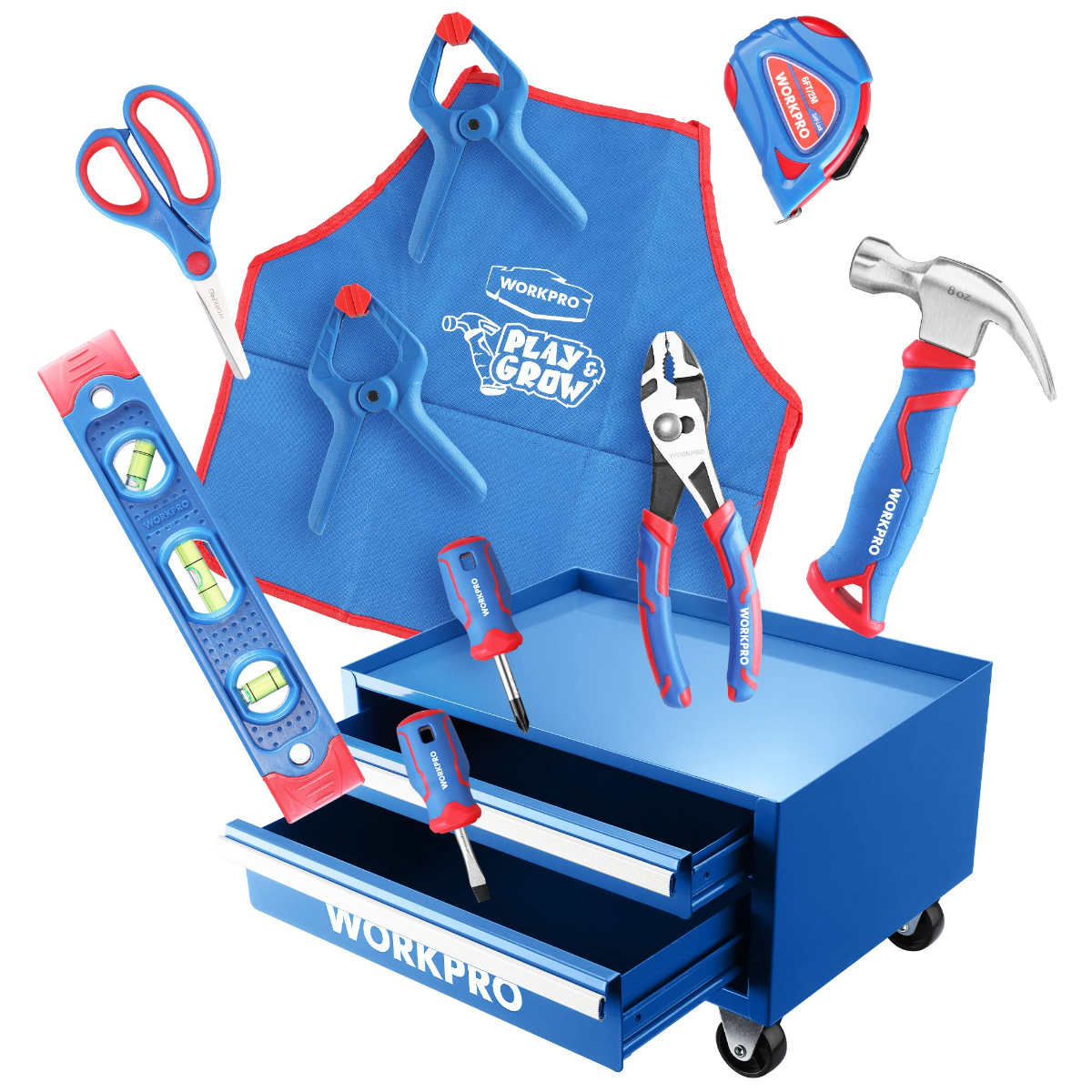 Blue kids tool set with pink-handled tools in a rolling steel chest