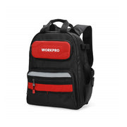 WORKPRO tool backpack with padded front pocket and red organizer stripe, black body