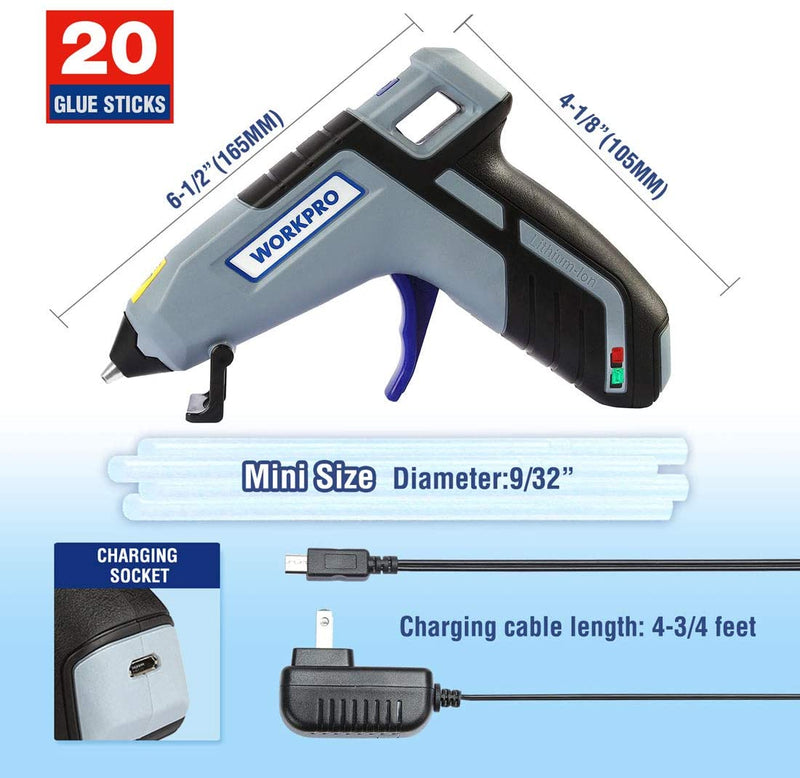 WORKPRO Cordless Melt Fast Preheating Mini Glue Gun with 20 PCS Premium Glue Stick