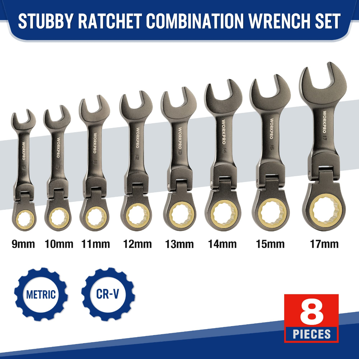 Stubby ratcheting combination wrench set with metric size markings and 8-piece label