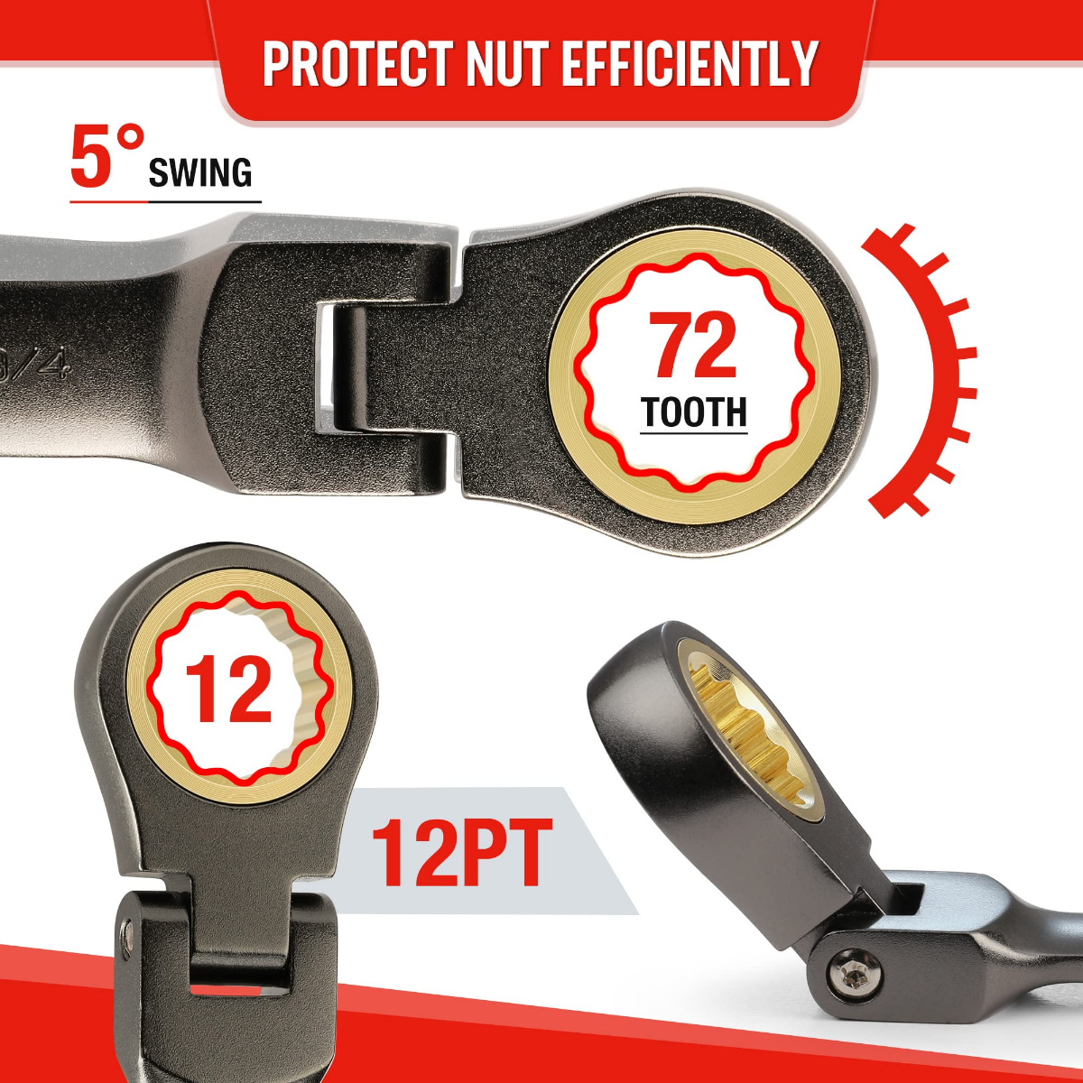 Ratcheting jaw gear with 72 teeth and 12-point contact on stubby wrench