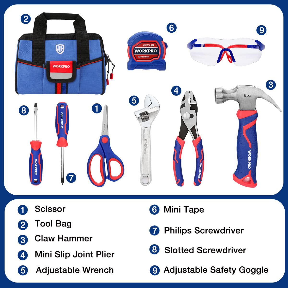 Blue kids tool bag with tools shown in a labeled layout: scissors, wrenches, pliers, goggles