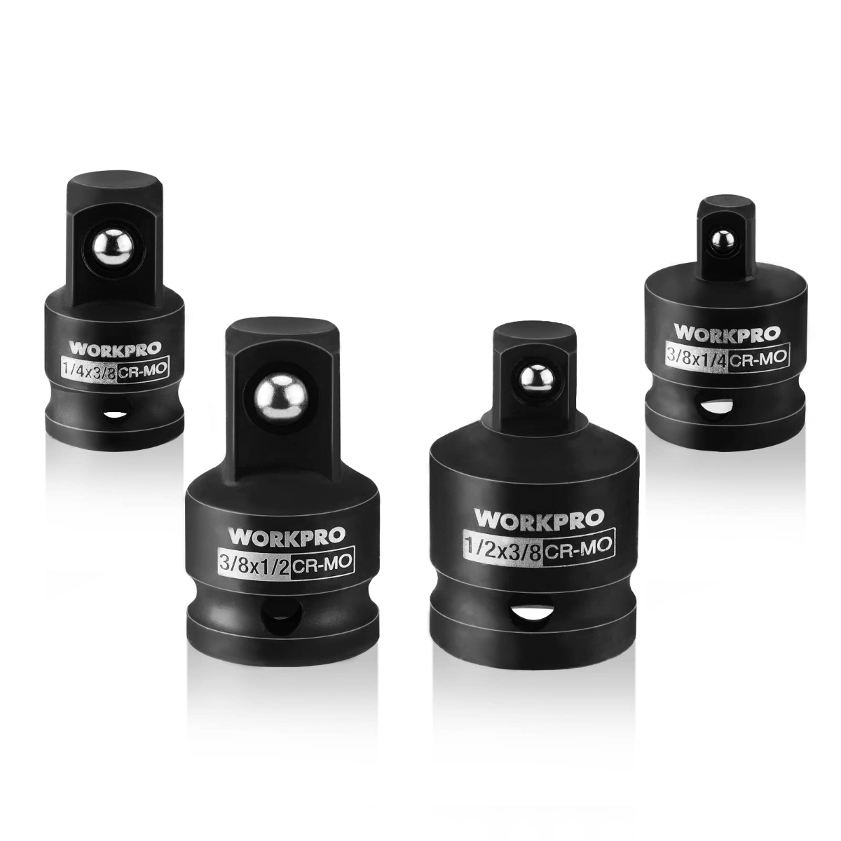 Impact driver socket reducer adapters, four-piece set with square drive ends