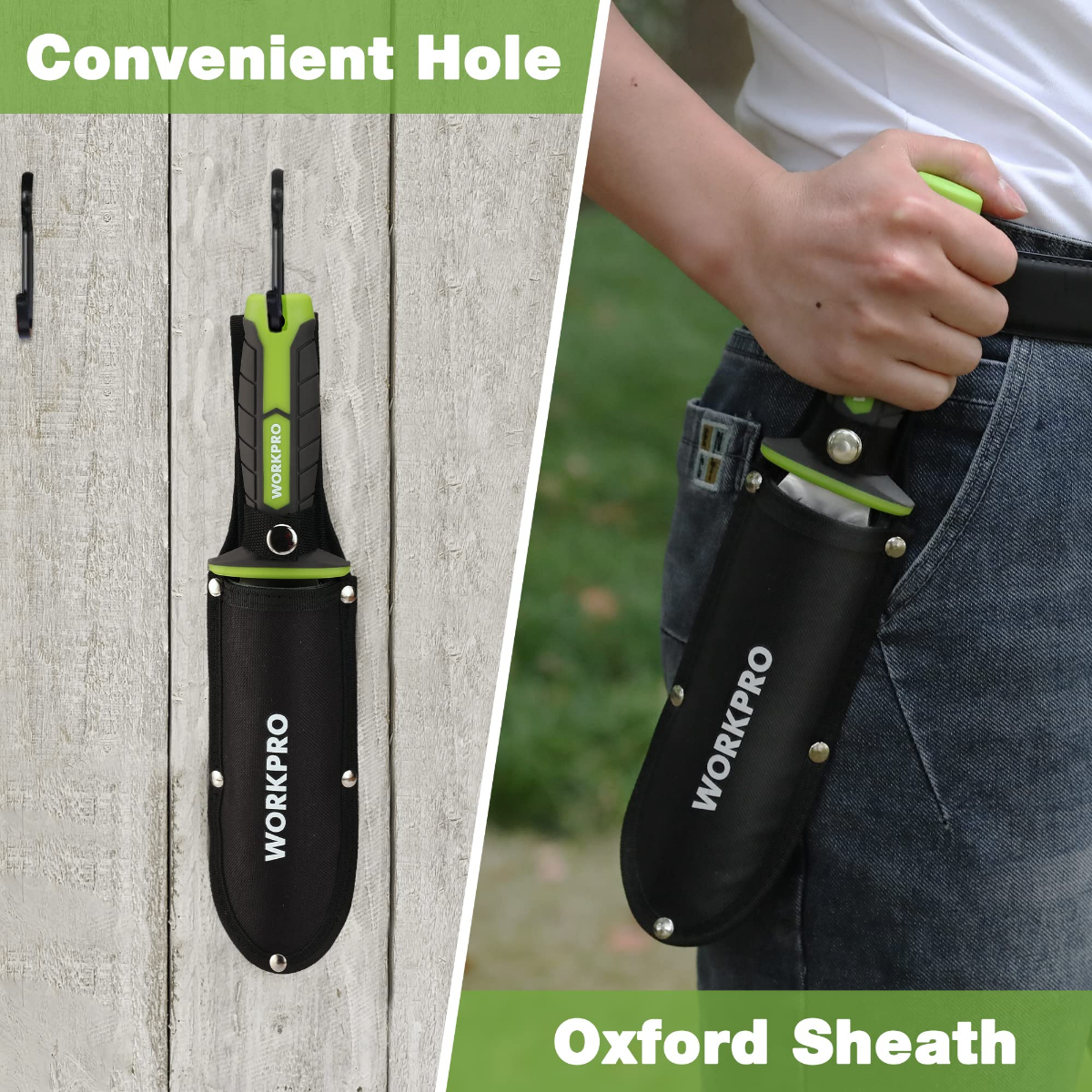 WORKPRO garden knife in black oxford sheath with green handle, handheld for convenient carry