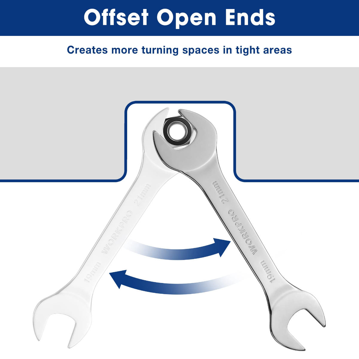 Offset open-end metric wrench with angled jaws for turning in tight areas