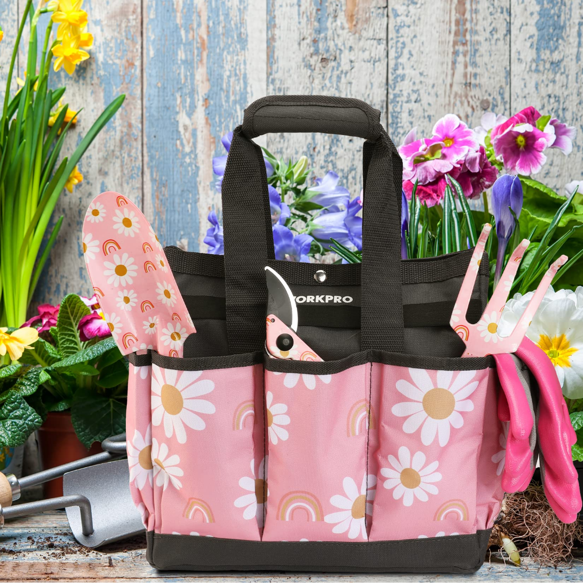 WORKPRO pink floral garden tool bag with front organizer pockets and top carry handle