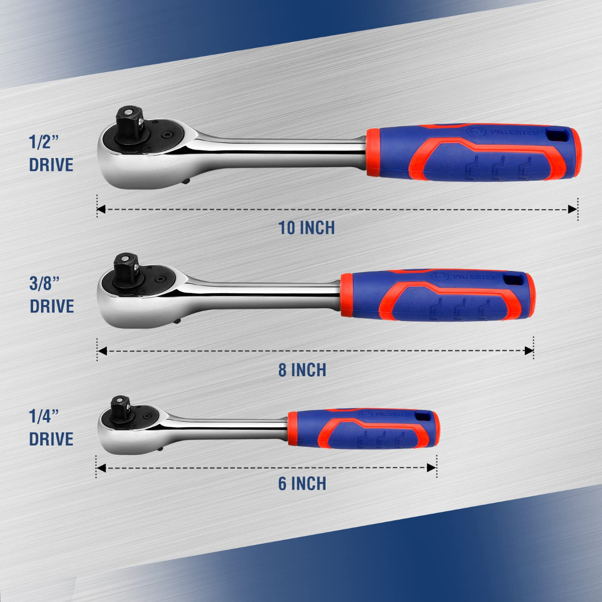 Three ratchet wrenches with blue-and-red ergonomic handles in different lengths