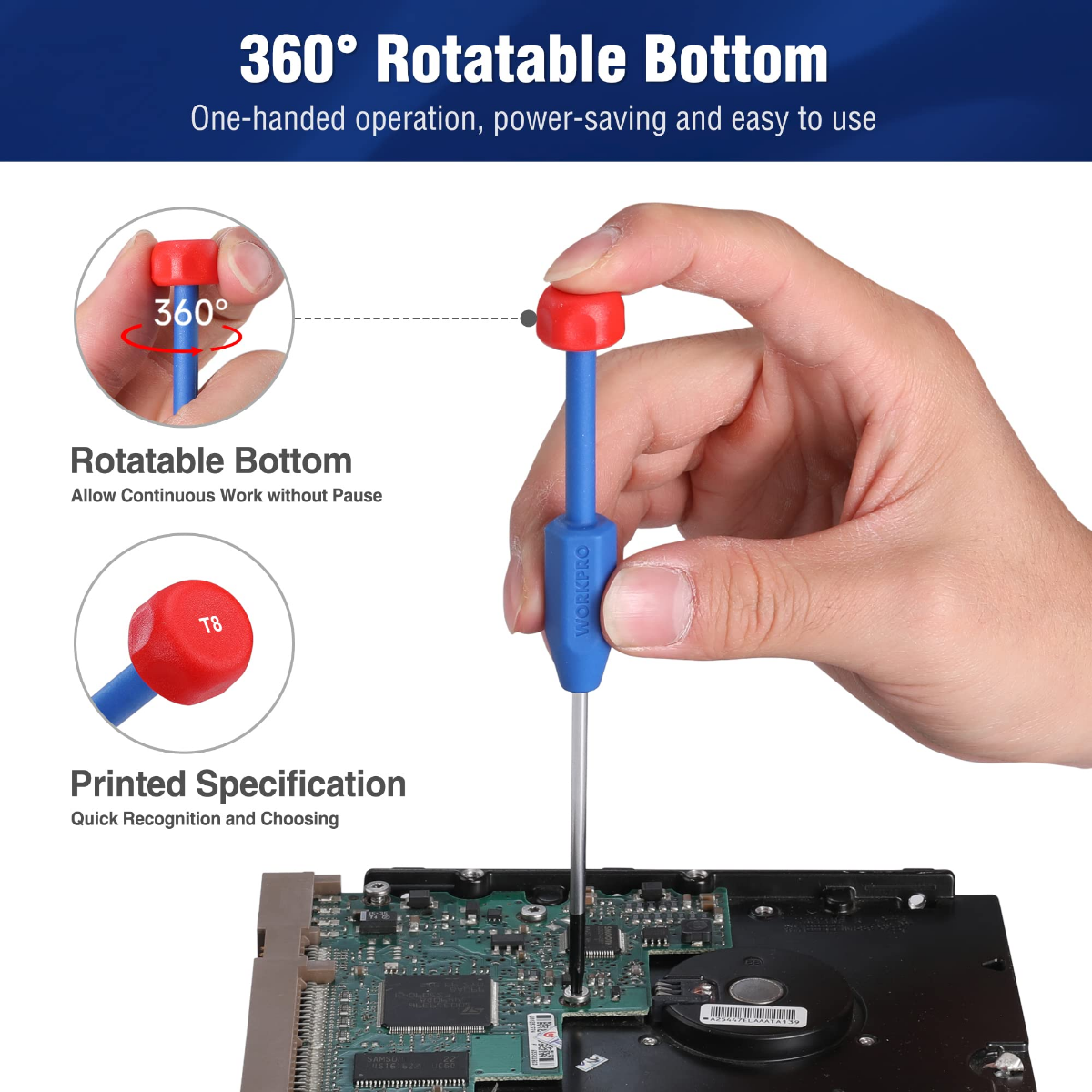 Hand using a red-and-blue precision screwdriver on an electronics circuit board