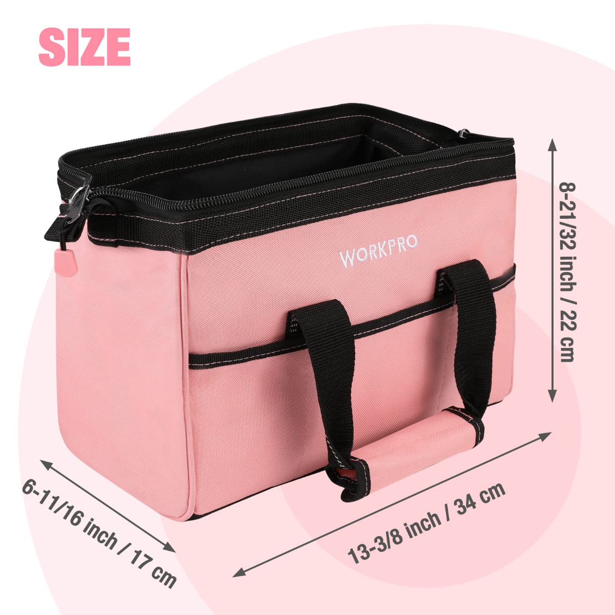 Pink 13-inch tool bag with black handles and front zip opening; padded, boxy shape.