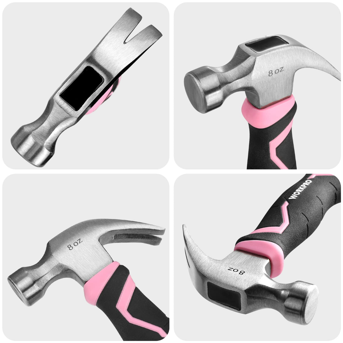 Claw hammer details: silver 8 oz head, black handle with pink accents.