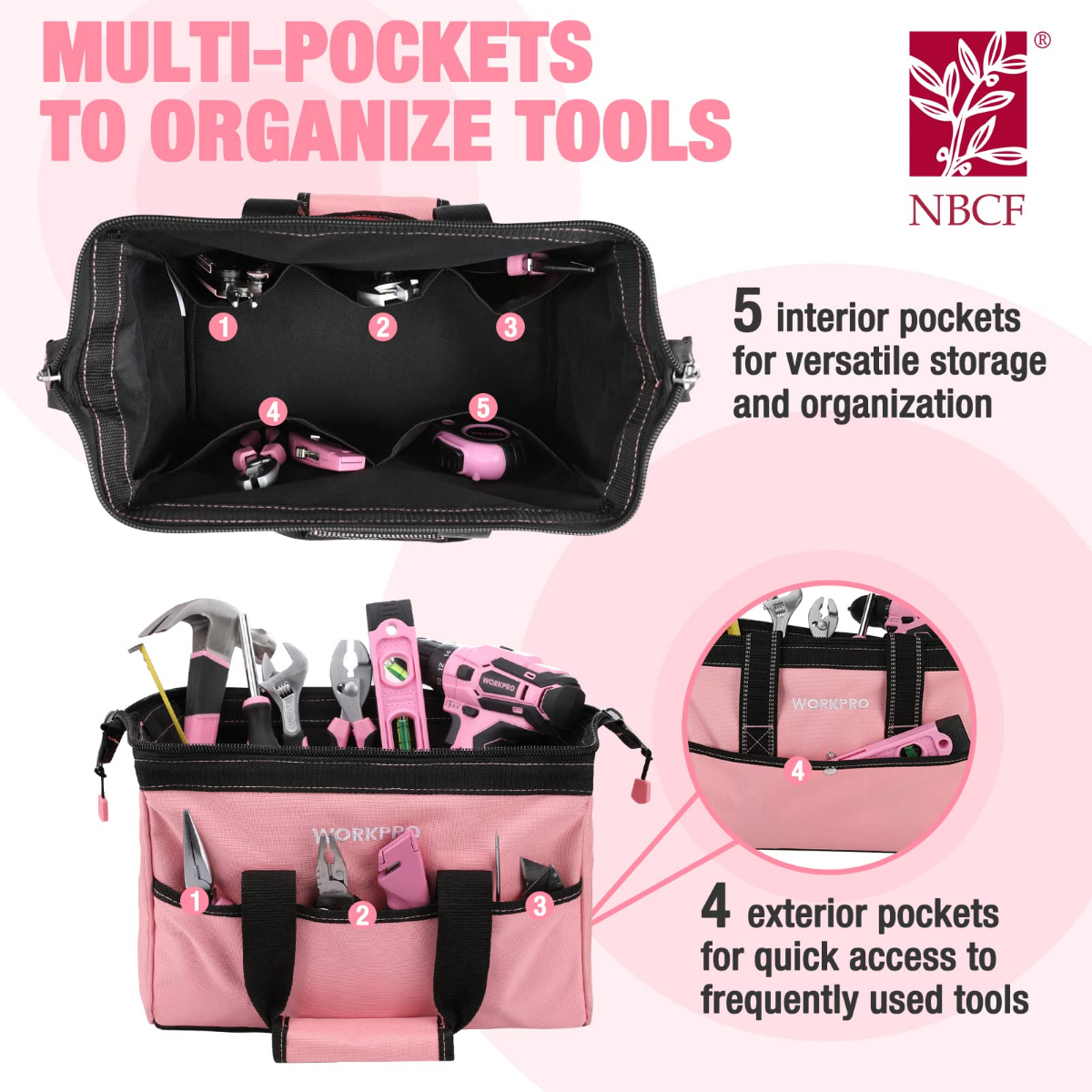Pink tool bag with multiple exterior pockets and an open interior with several compartments.