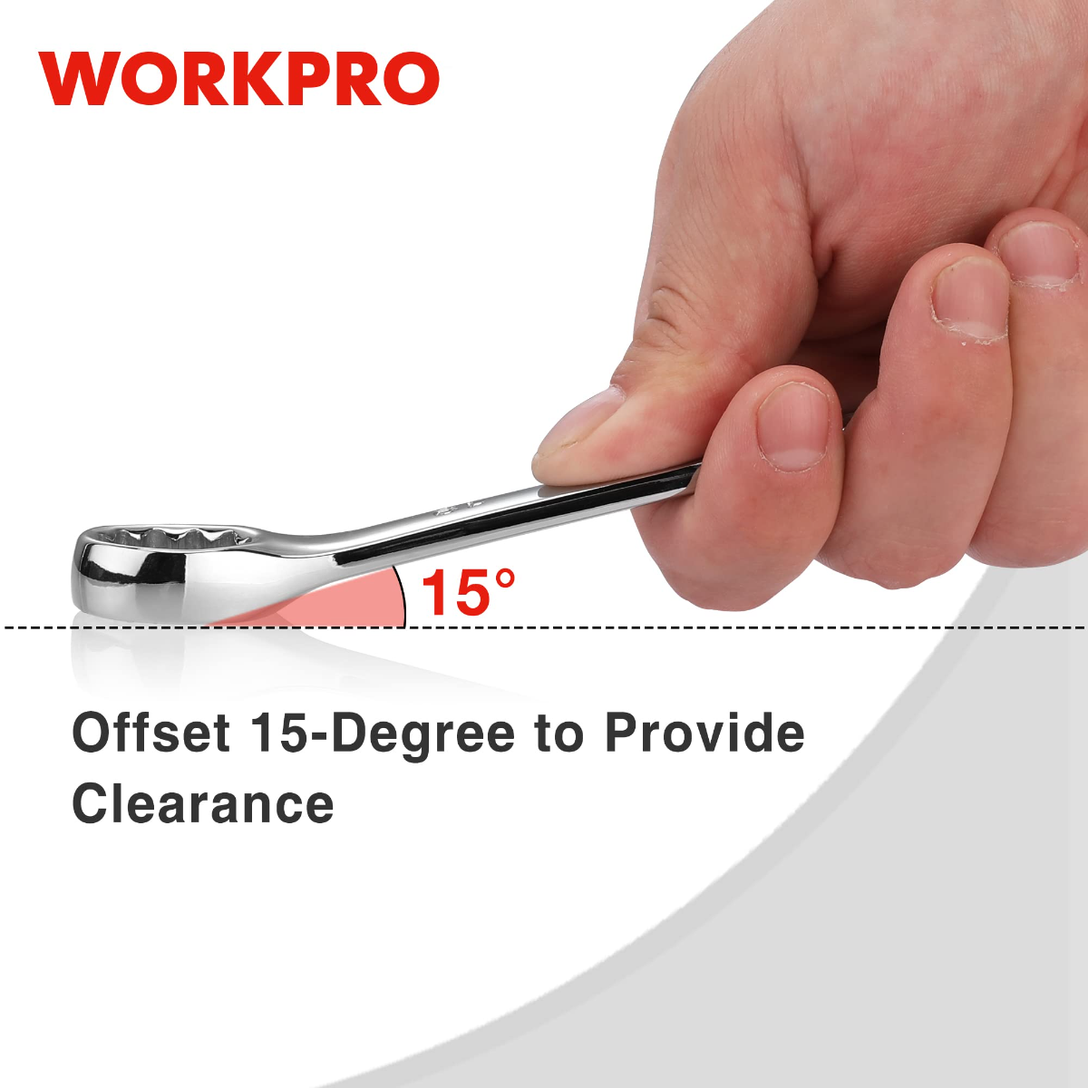 Offset combination wrench with 15° bend for clearance, chrome-finish head