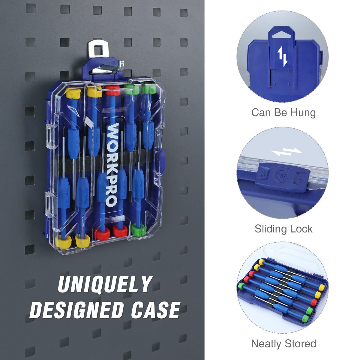 Precision screwdriver set in a clear case with sliding lock and organized bits